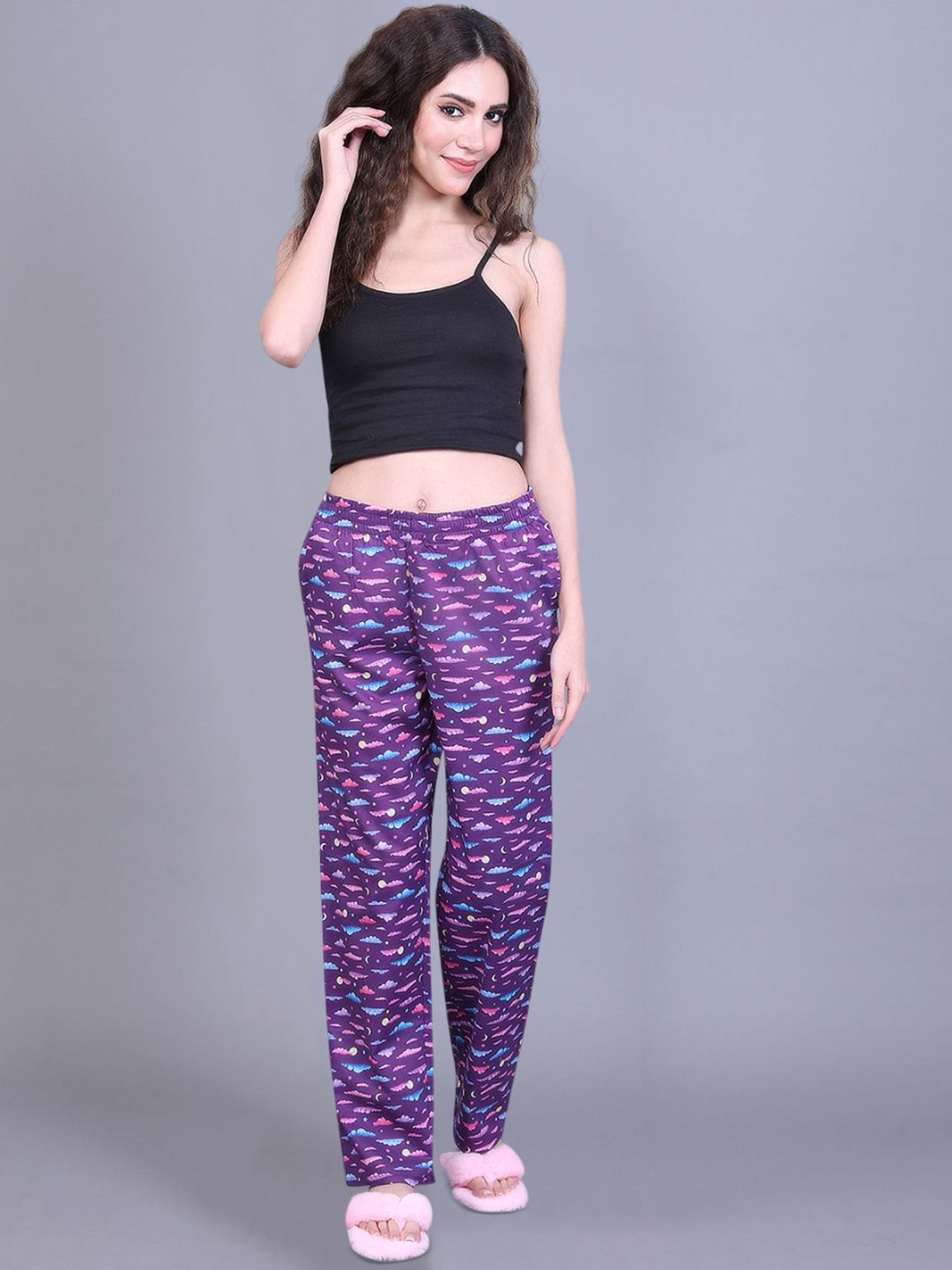 

evolove Women Floral Printed Pure Cotton Lounge Pants, Purple