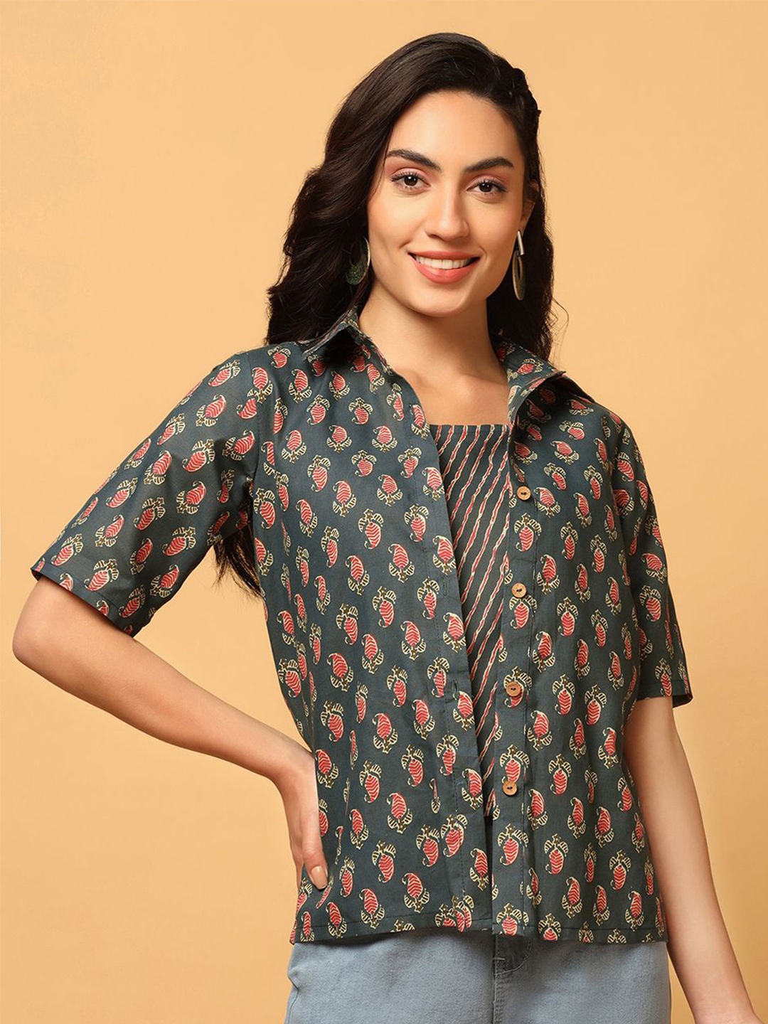 

Moda Rapido Women Opaque Printed Casual Shirt, Green