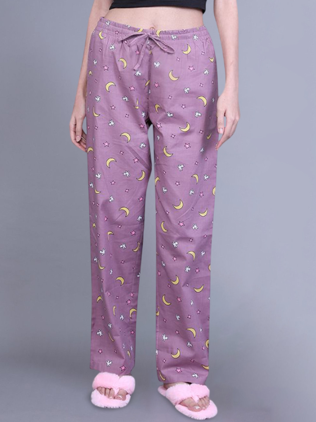 

evolove Women Floral Printed Pure Cotton Lounge Pants, Purple