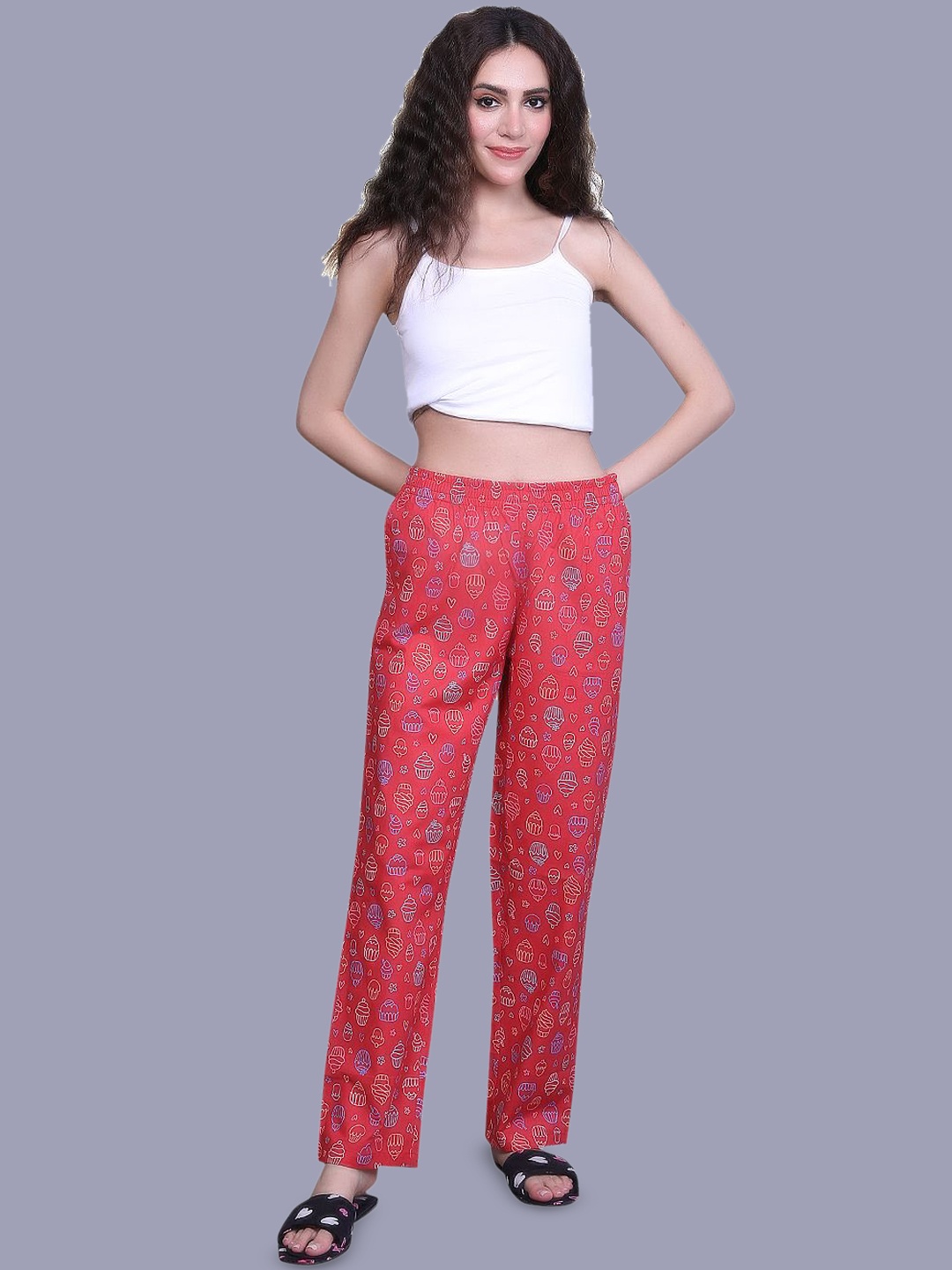 

evolove Women Printed Cotton Mid Rise lounge Pants, Red