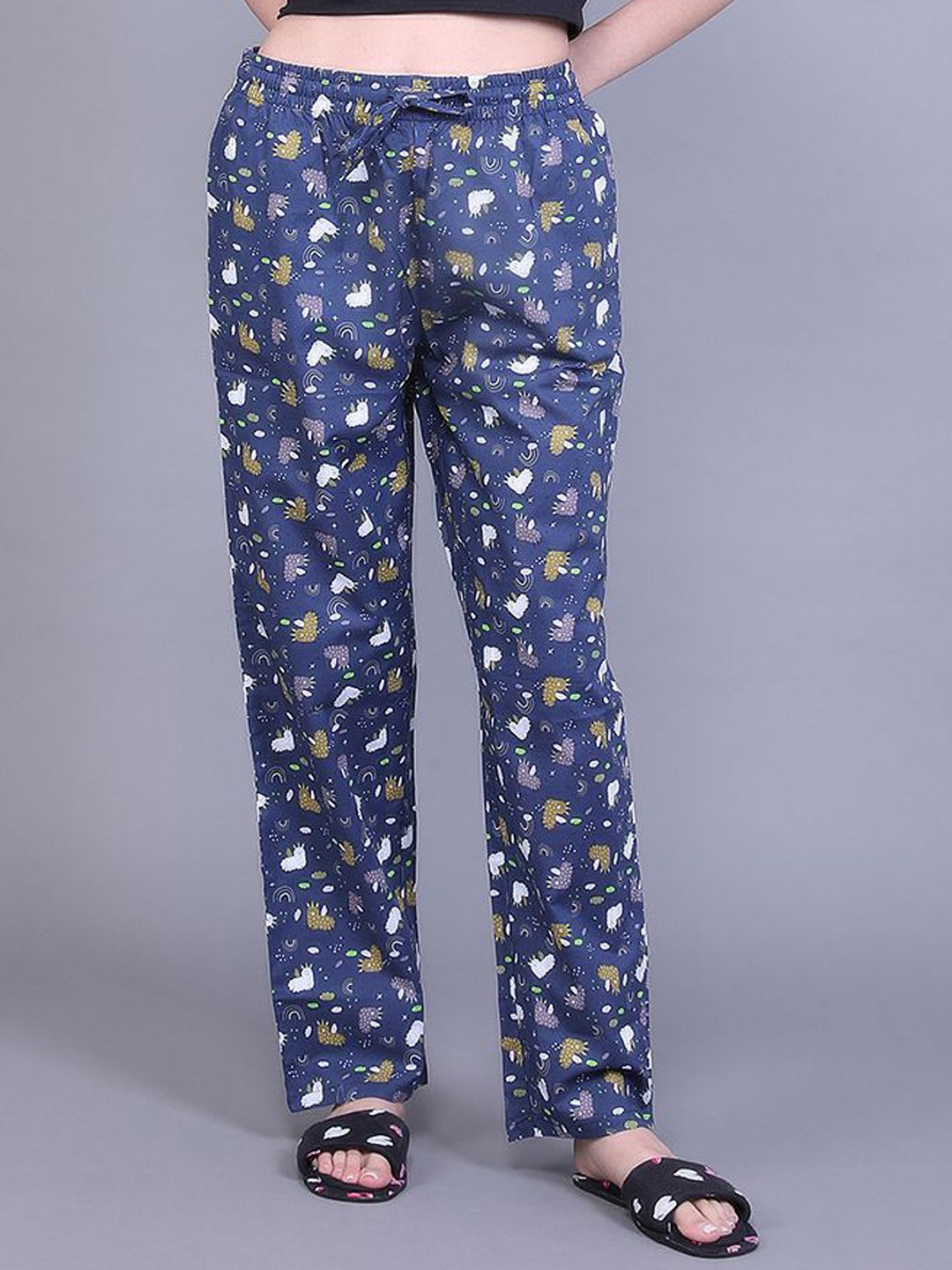 

evolove Women Floral Printed Pure Cotton Lounge Pant, Blue