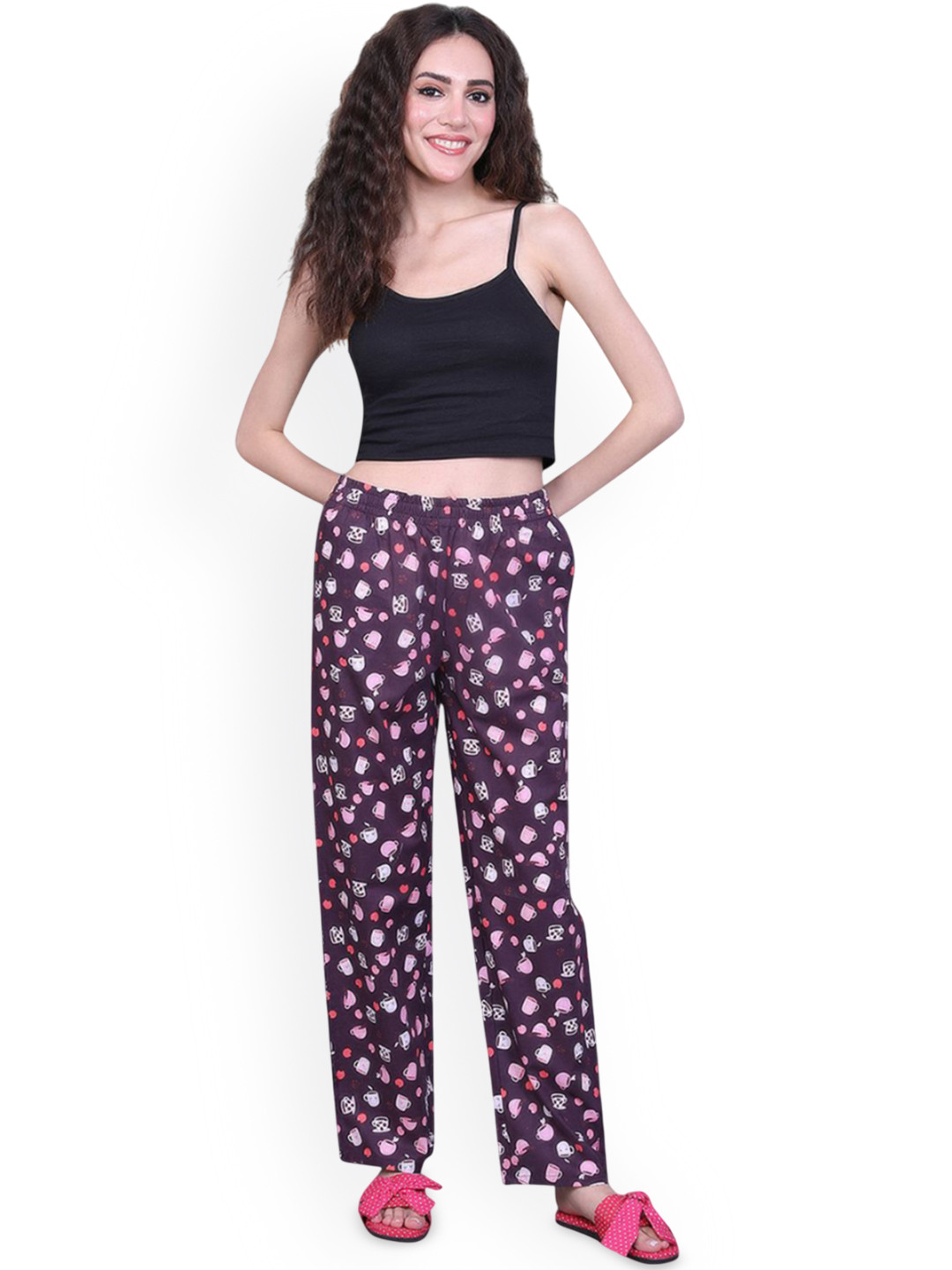 

evolove Women Conversational Printed Pure Cotton Lounge Pants, Burgundy