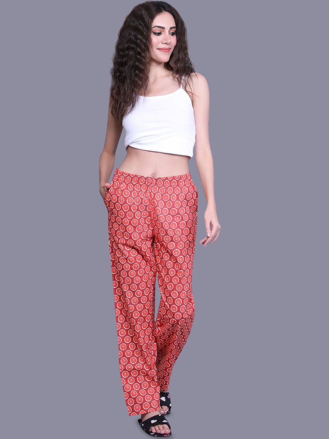 

evolove Women Floral Printed Mid-Rise Pure Cotton Lounge Pants, Orange