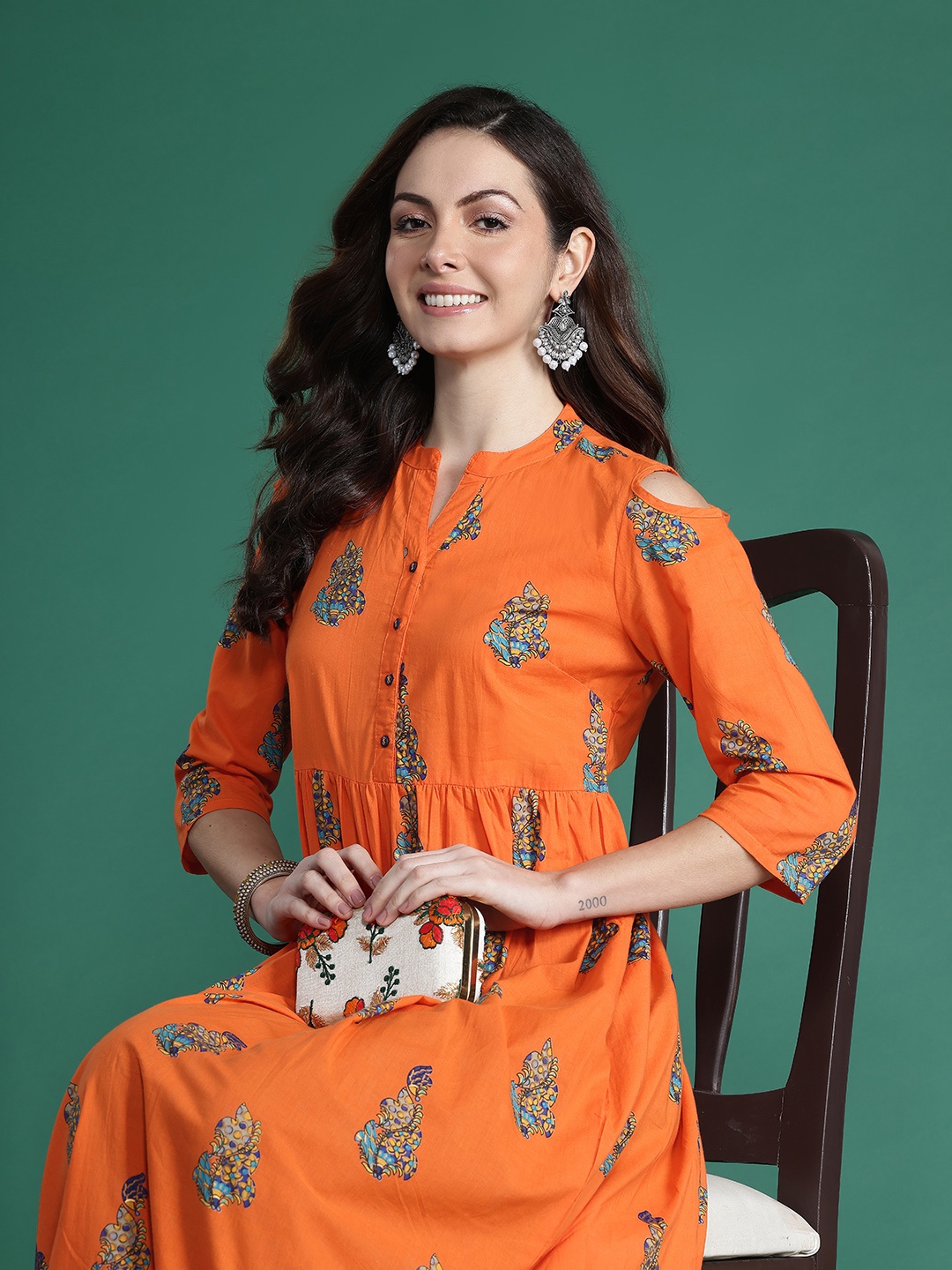 

Sangria Ethnic Motifs Printed Pleated Pure Cotton Kurta with Trousers, Orange