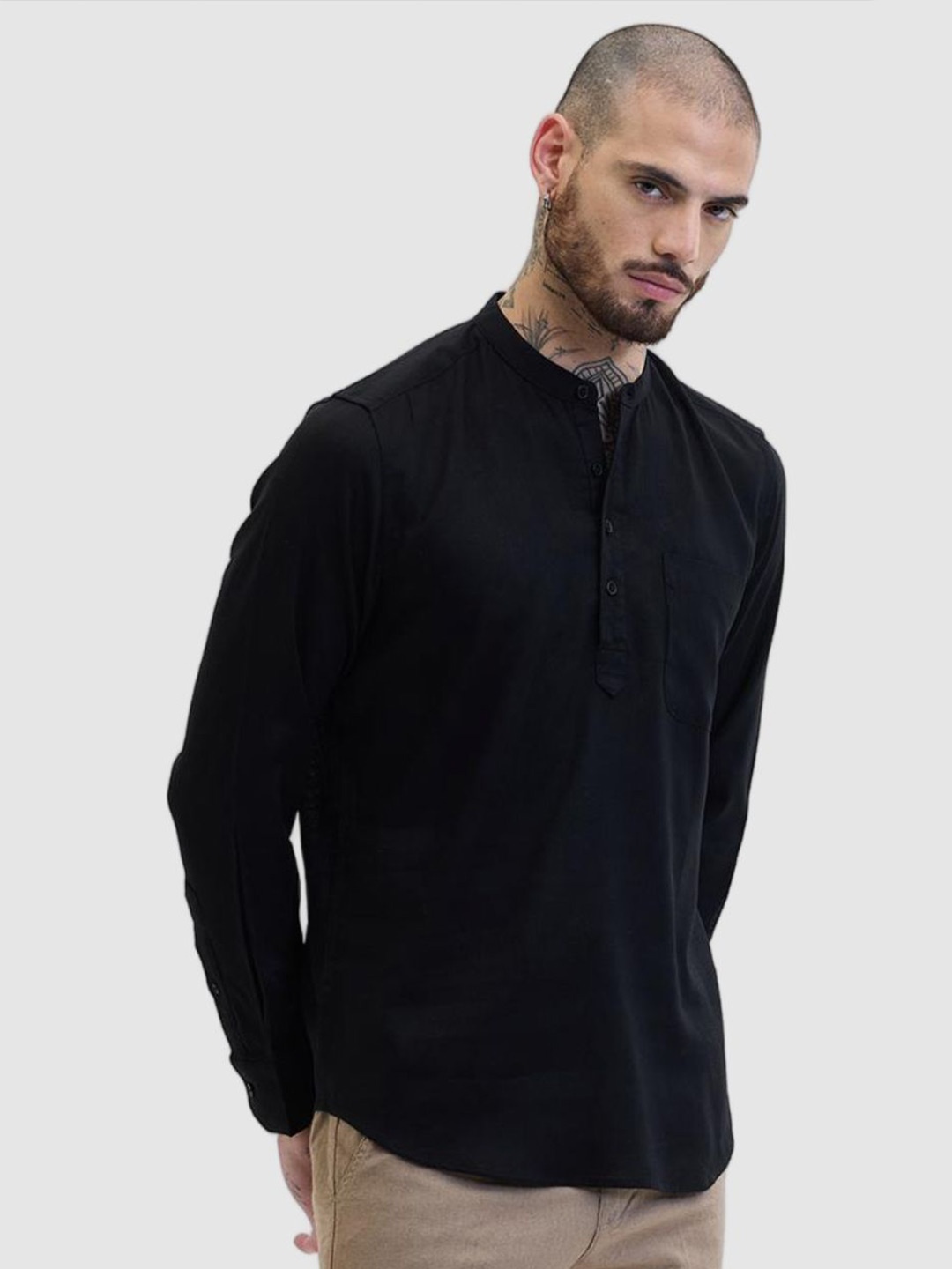

Snitch Men Smart Slim Fit Solid Band Collar Casual Shirt, Black