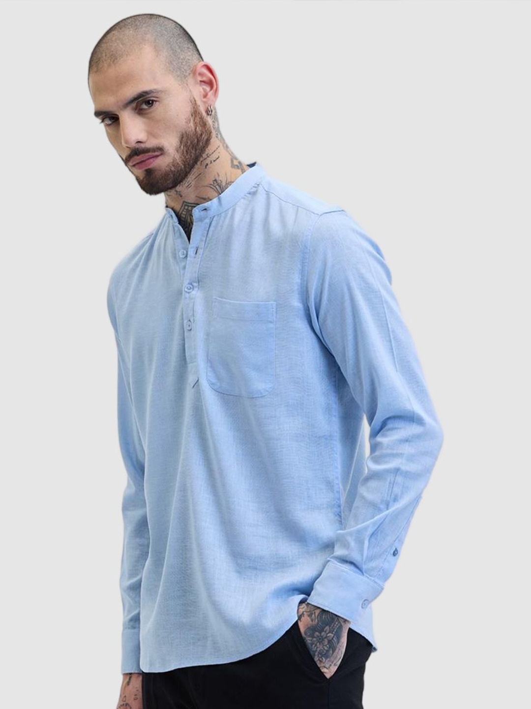 

Snitch Men Smart Slim Fit Solid Band Collar Casual Shirt, Blue