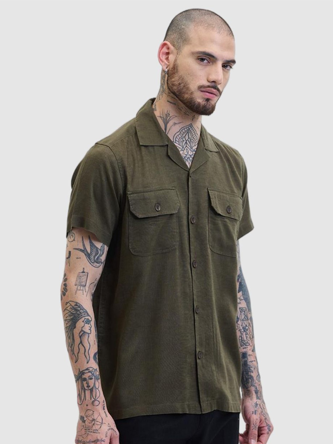 

Snitch Men Relaxed Boxy Solid Casual Shirt, Olive
