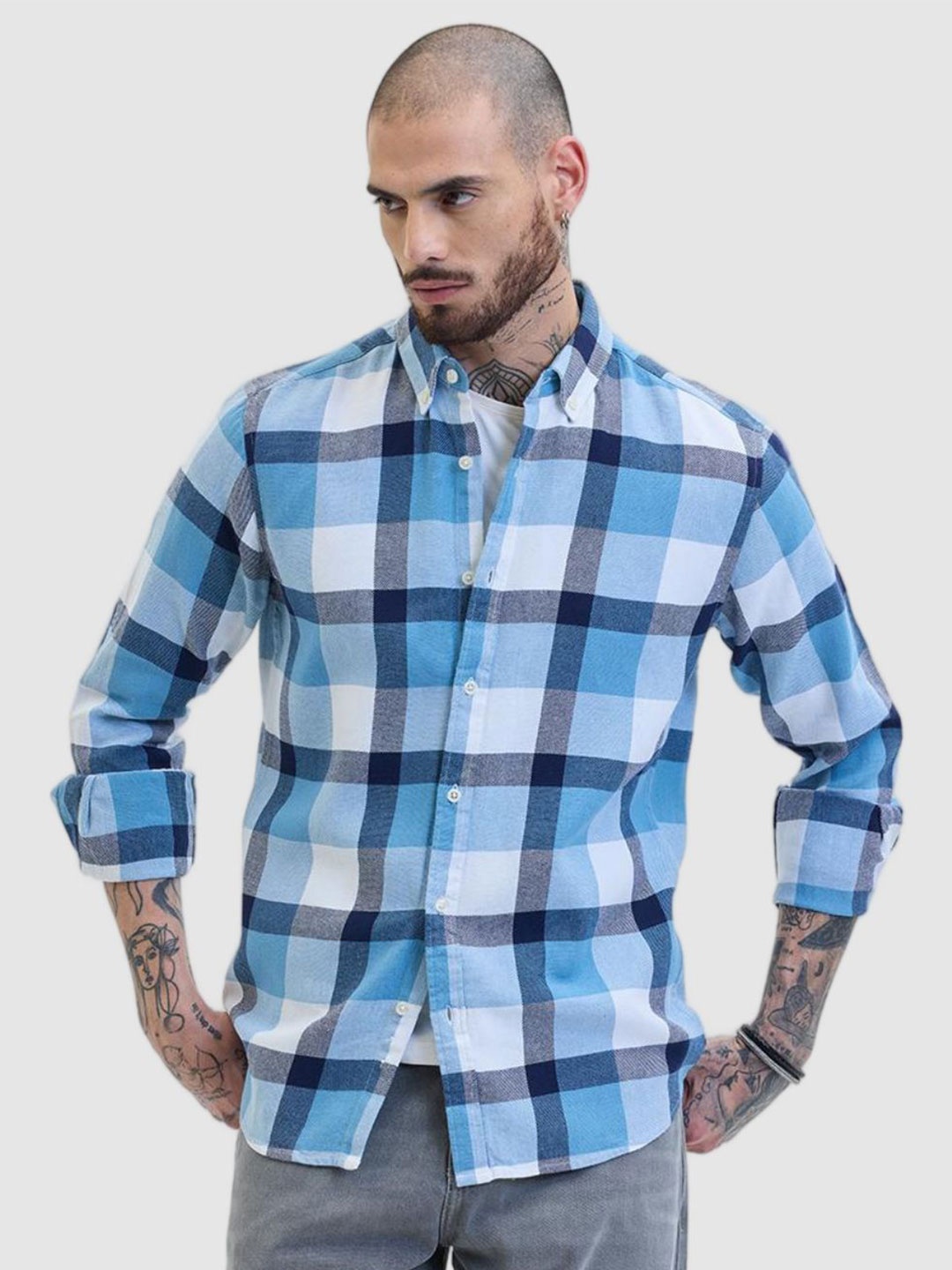 

Snitch Men Smart Slim Fit Opaque Checked Casual Shirt, Blue