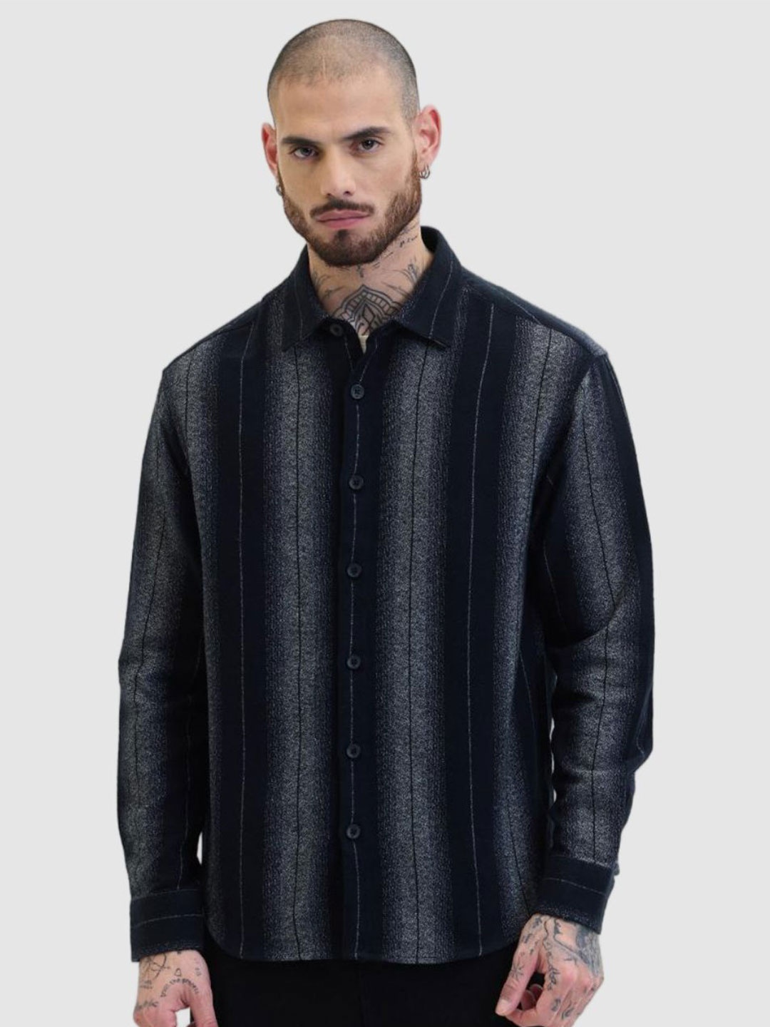 

Snitch Men Relaxed Boxy Vertical Striped Pure Cotton Casual Shirt, Black
