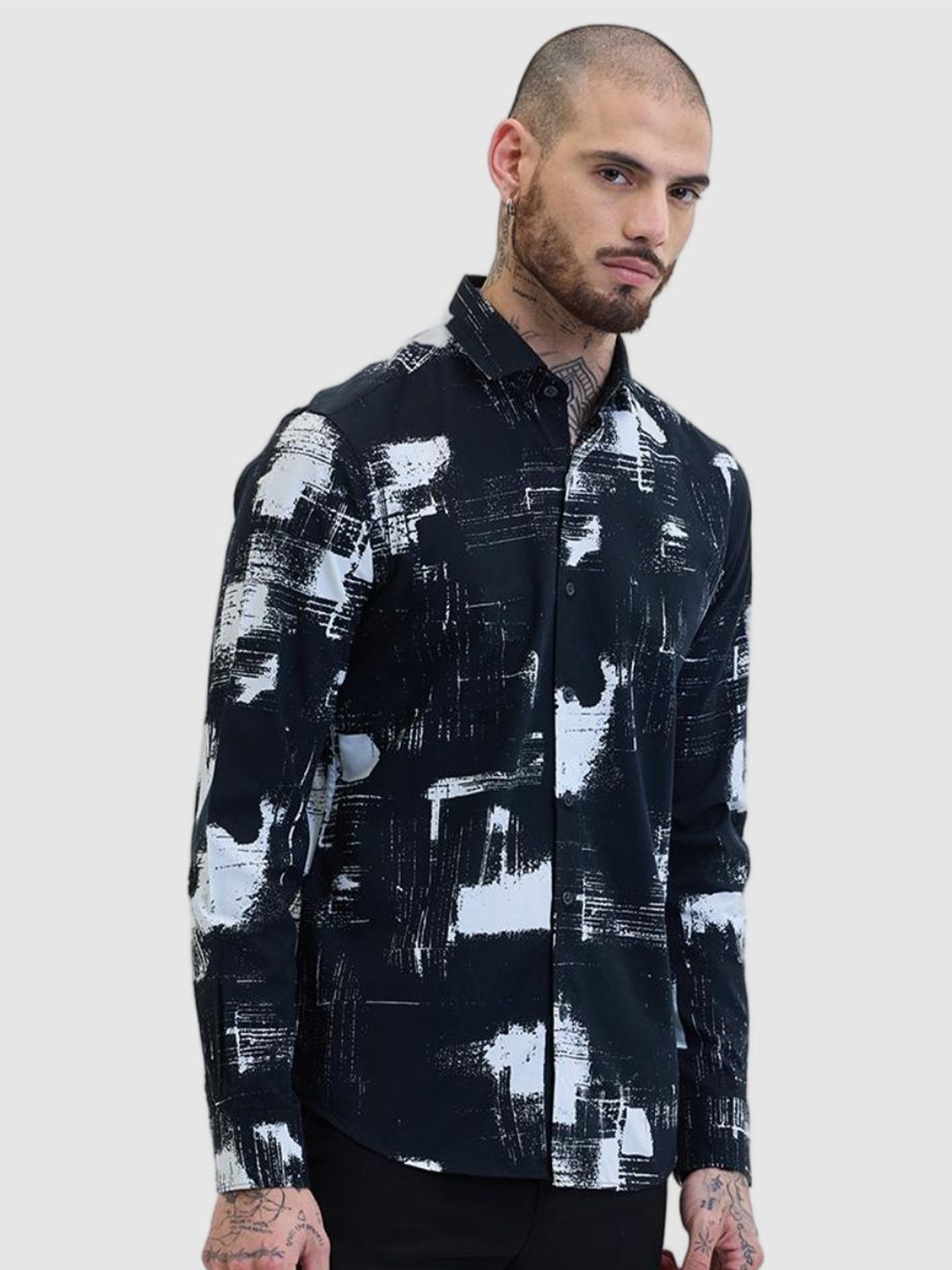 

Snitch Men Smart Slim Fit Abstract Printed Formal Shirt, Navy blue