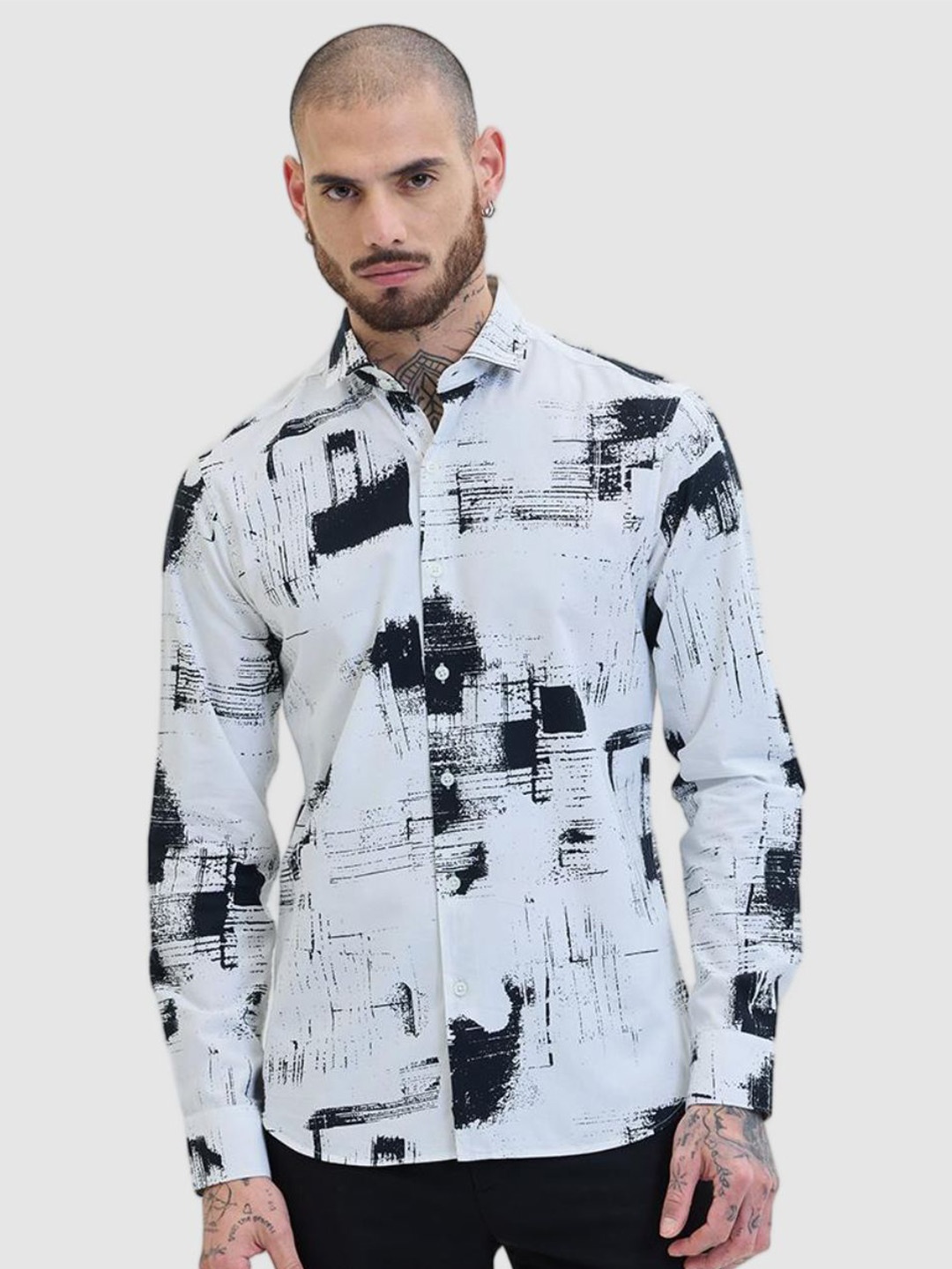 

Snitch Men Smart Slim Fit Abstract Printed Formal Shirt, White
