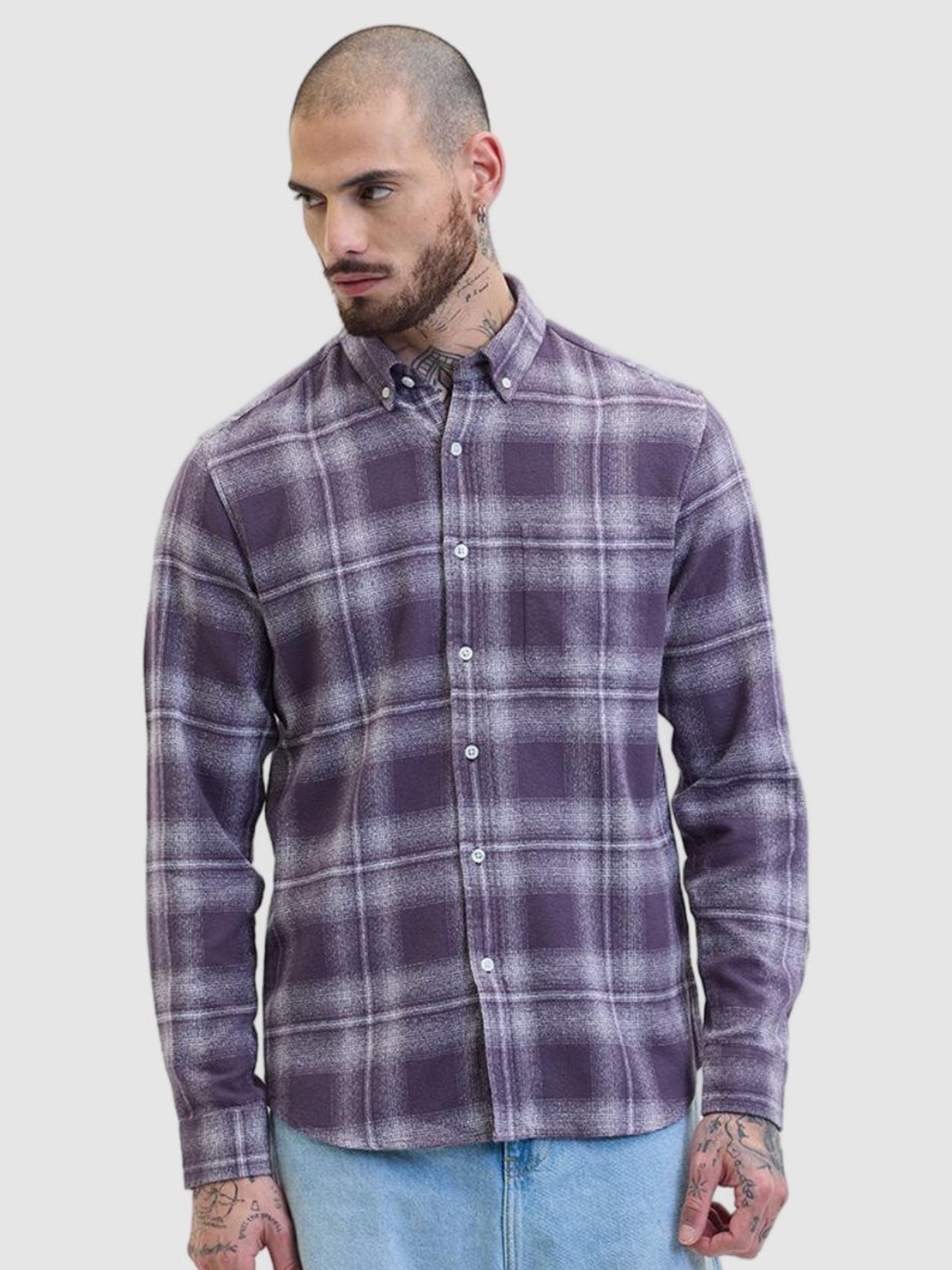 

Snitch Men Smart Slim Fit Checked Pure Cotton Casual Shirt, Purple