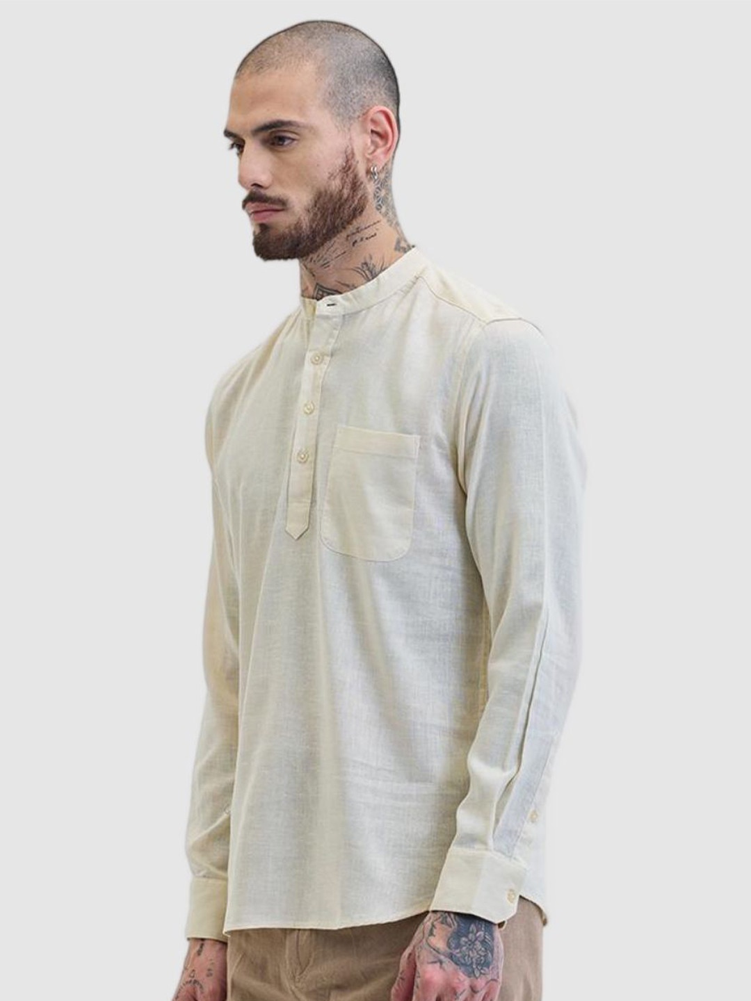 

Snitch Men Smart Slim Fit Solid Band Collar Casual Shirt, Cream