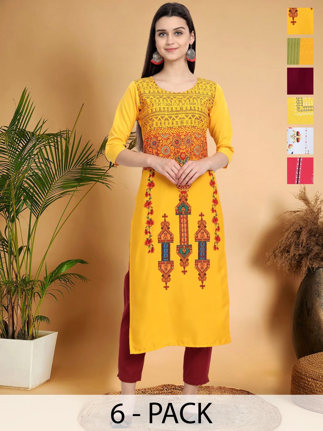

7Threads Selection Of 6 Ethnic Motifs Printed Round Neck Straight Kurtas, Yellow