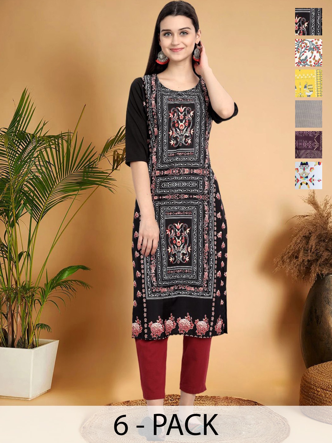 

7Threads Selection Of 6 Ethnic Motifs Printed Round Neck Straight Kurtas, Black