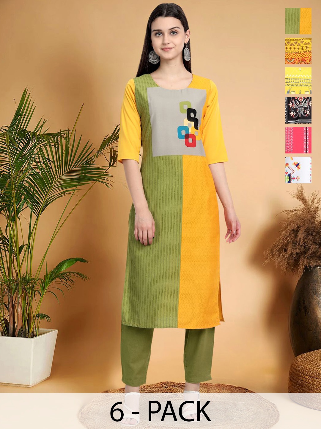 

7Threads Selection Of 6 Colorblocked Printed Round Neck Straight Kurtas, Yellow