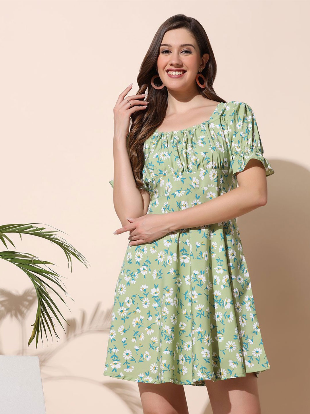 

Moda Rapido Floral Printed Puff Sleeve Crepe Empire Dress, Green