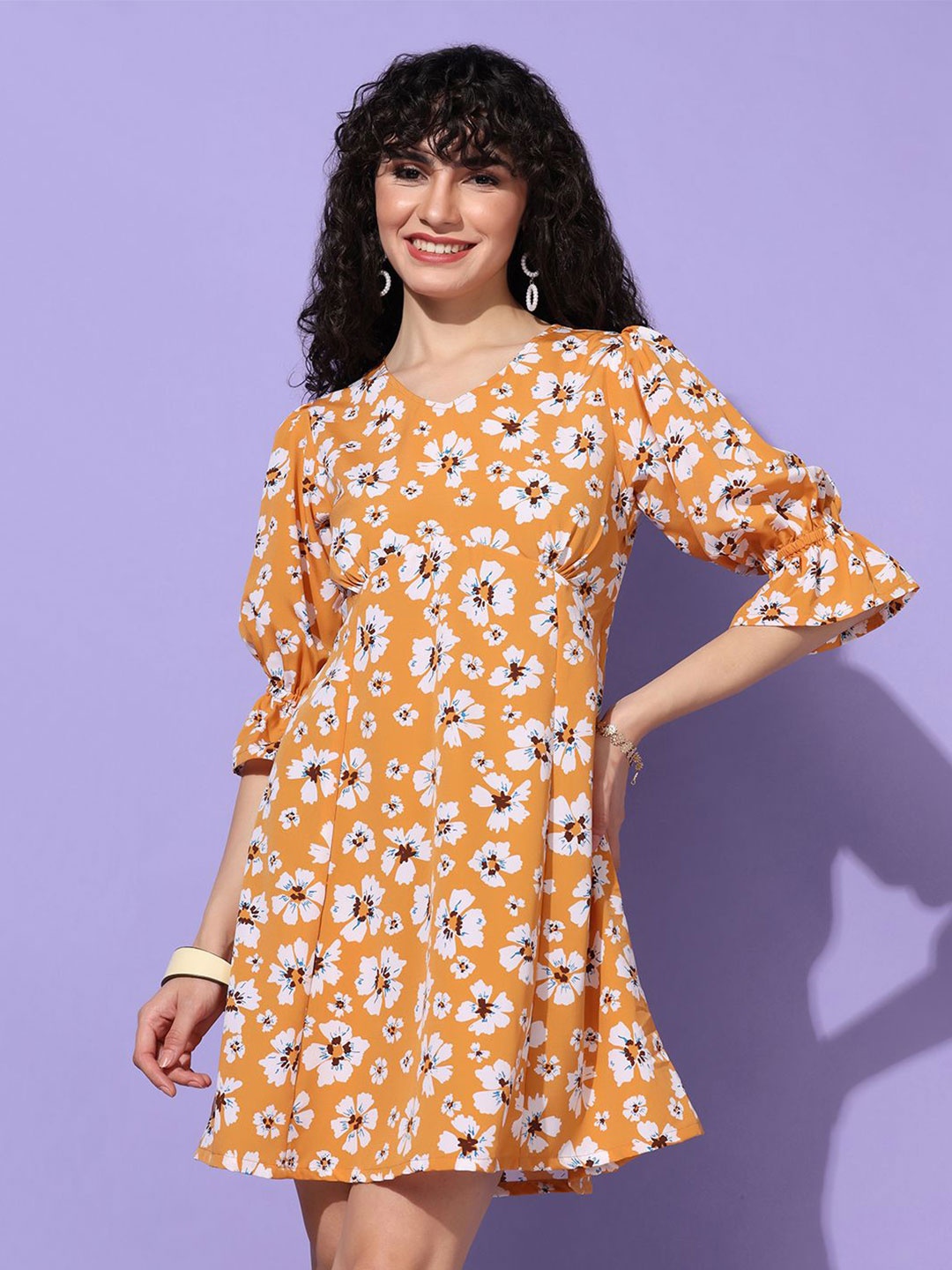 

Moda Rapido Floral Printed Bell Sleeve Crepe A-Line Dress, Mustard