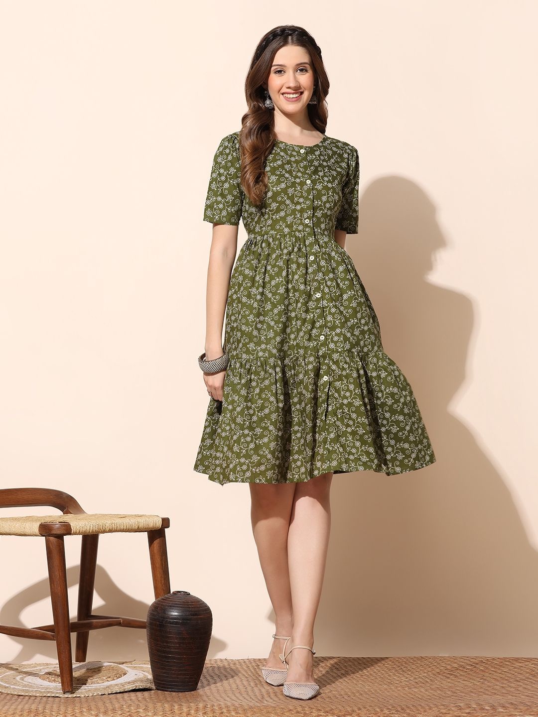 

Moda Rapido Women Floral Printed Cotton Fit & Flare Dress, Olive