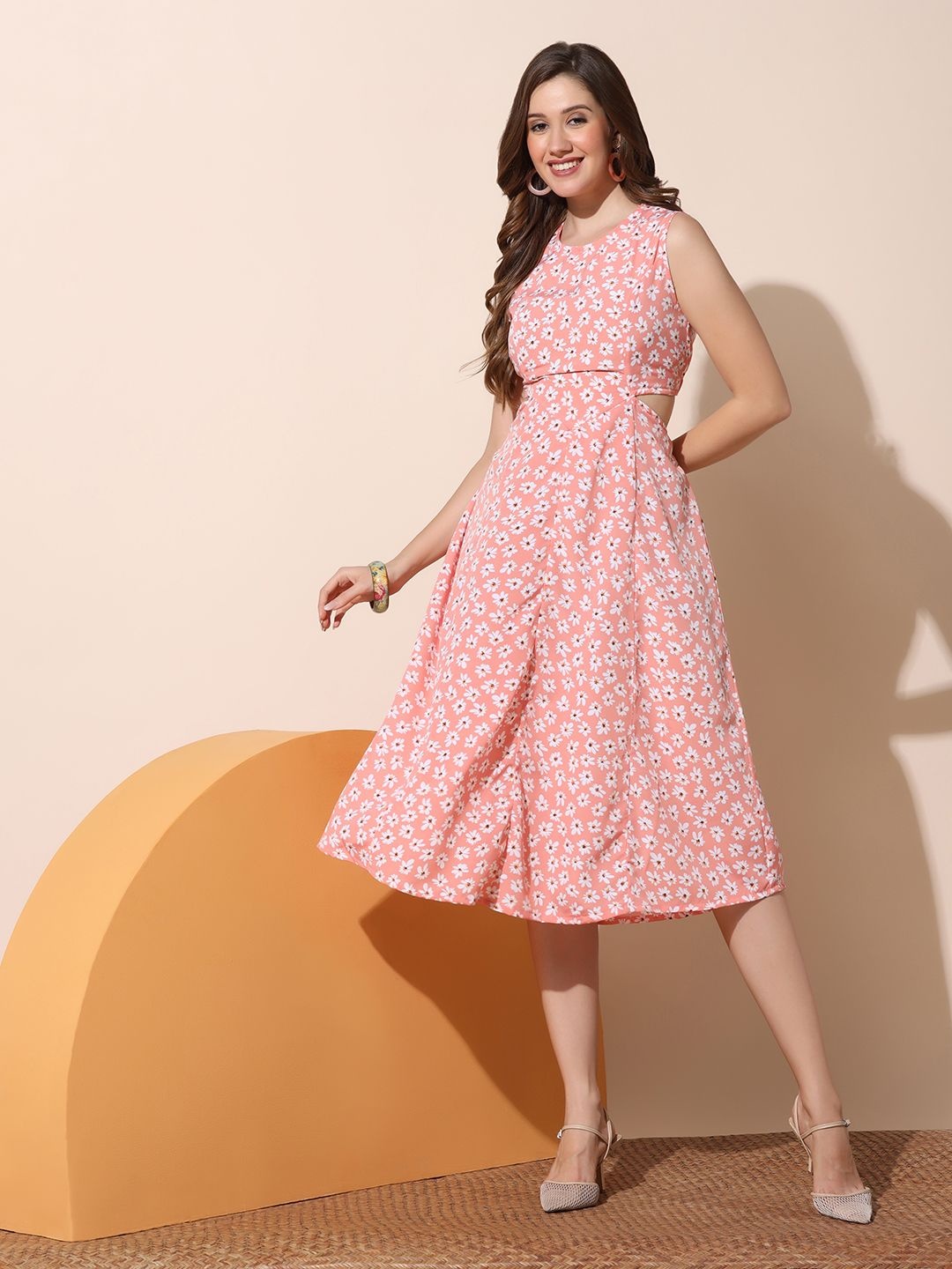 

Moda Rapido Women Floral Printed Sleeveless Fit & Flare Midi Dress With Cut-Outs Details, Peach