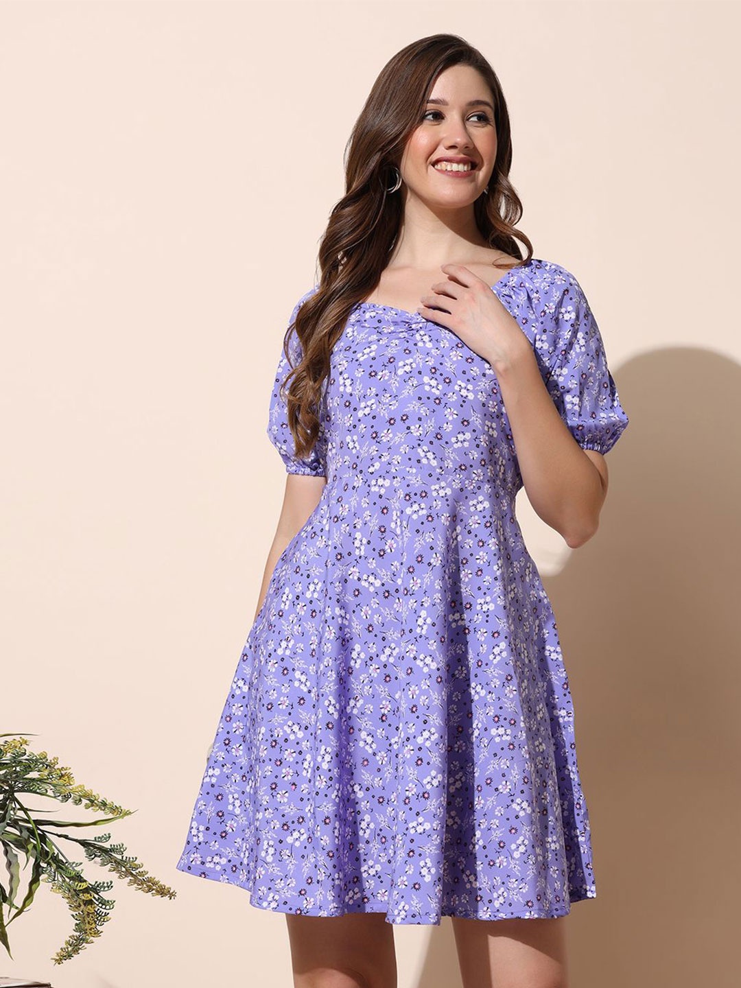 

Moda Rapido Floral Print Puff Sleeve Crepe Fit & Flare Dress, Violet