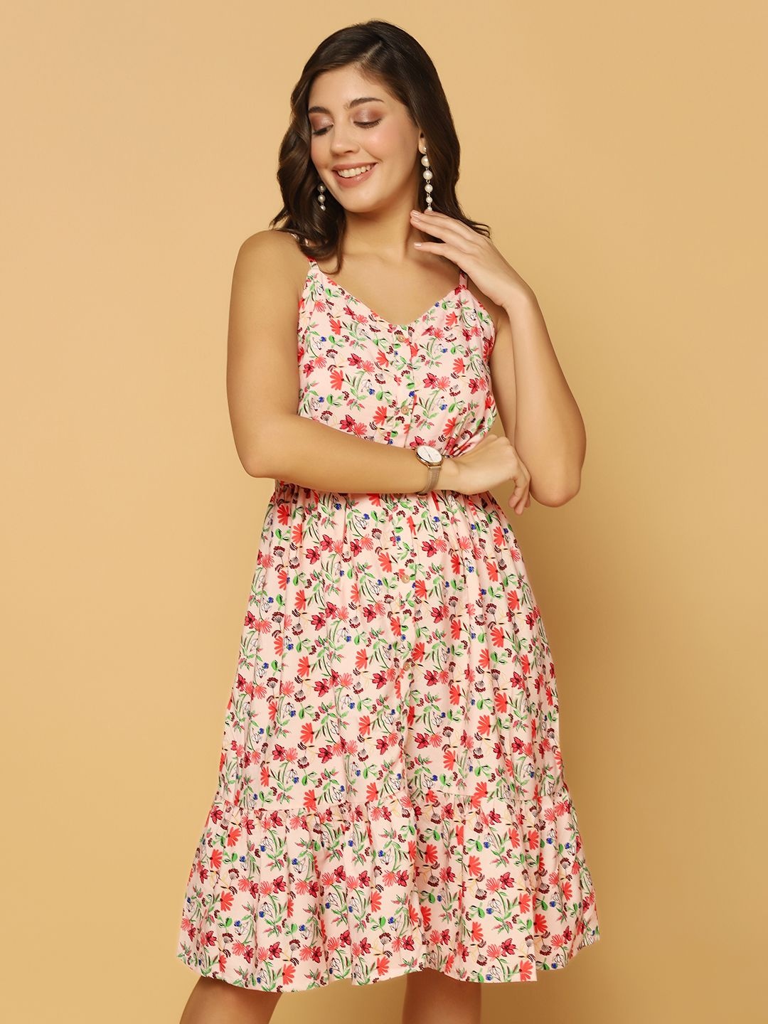 

Moda Rapido Women Floral Printed Cotton Fit & Flare Knee Length Dress, Peach