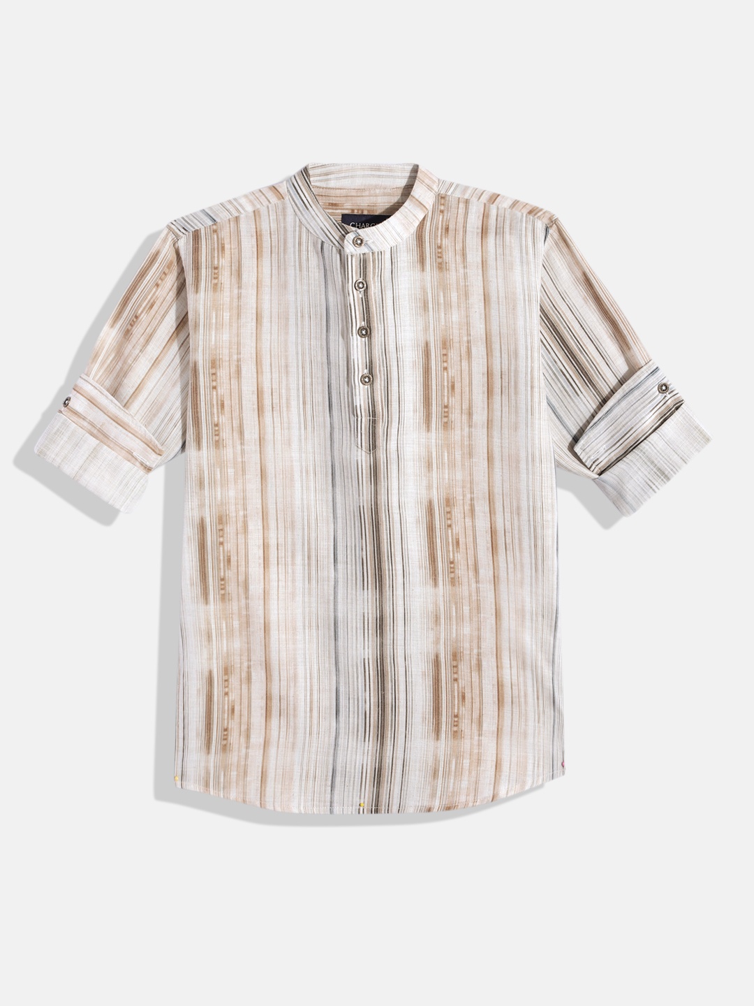

CHARCHIT Boys Comfort Striped Band Collar Pure Cotton Casual Shirt, Brown