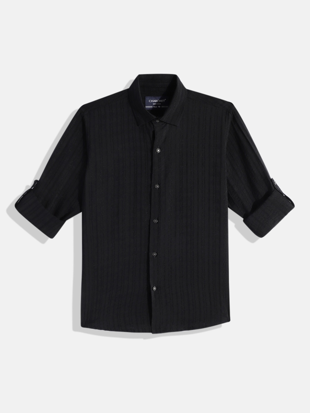 

CHARCHIT Boys Comfort Stripe Textured Pure Cotton Casual Shirt, Black