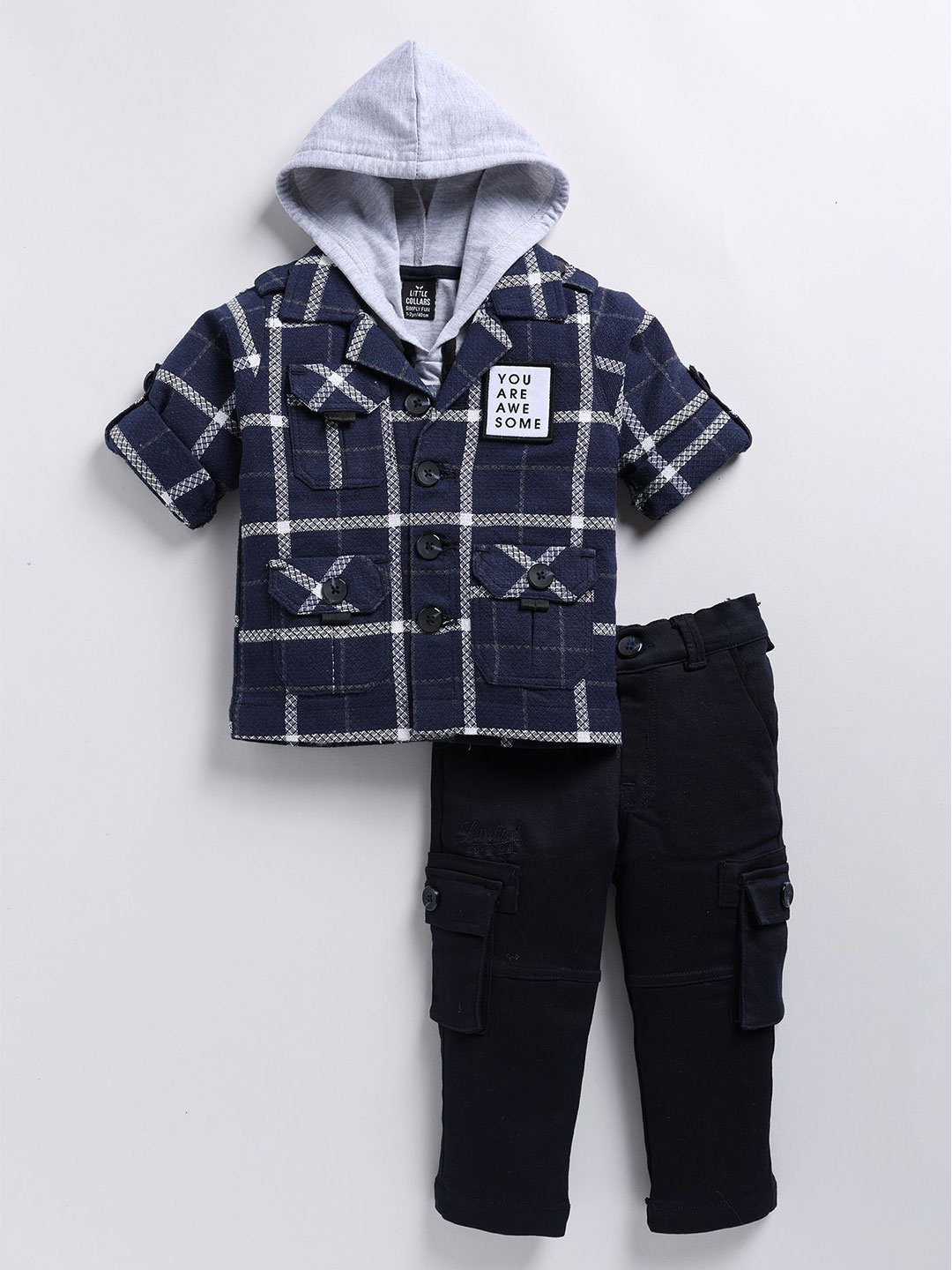 

LITTLE COLLARS Boys Checked Hooded Pure Cotton Shirt With Trousers, Blue