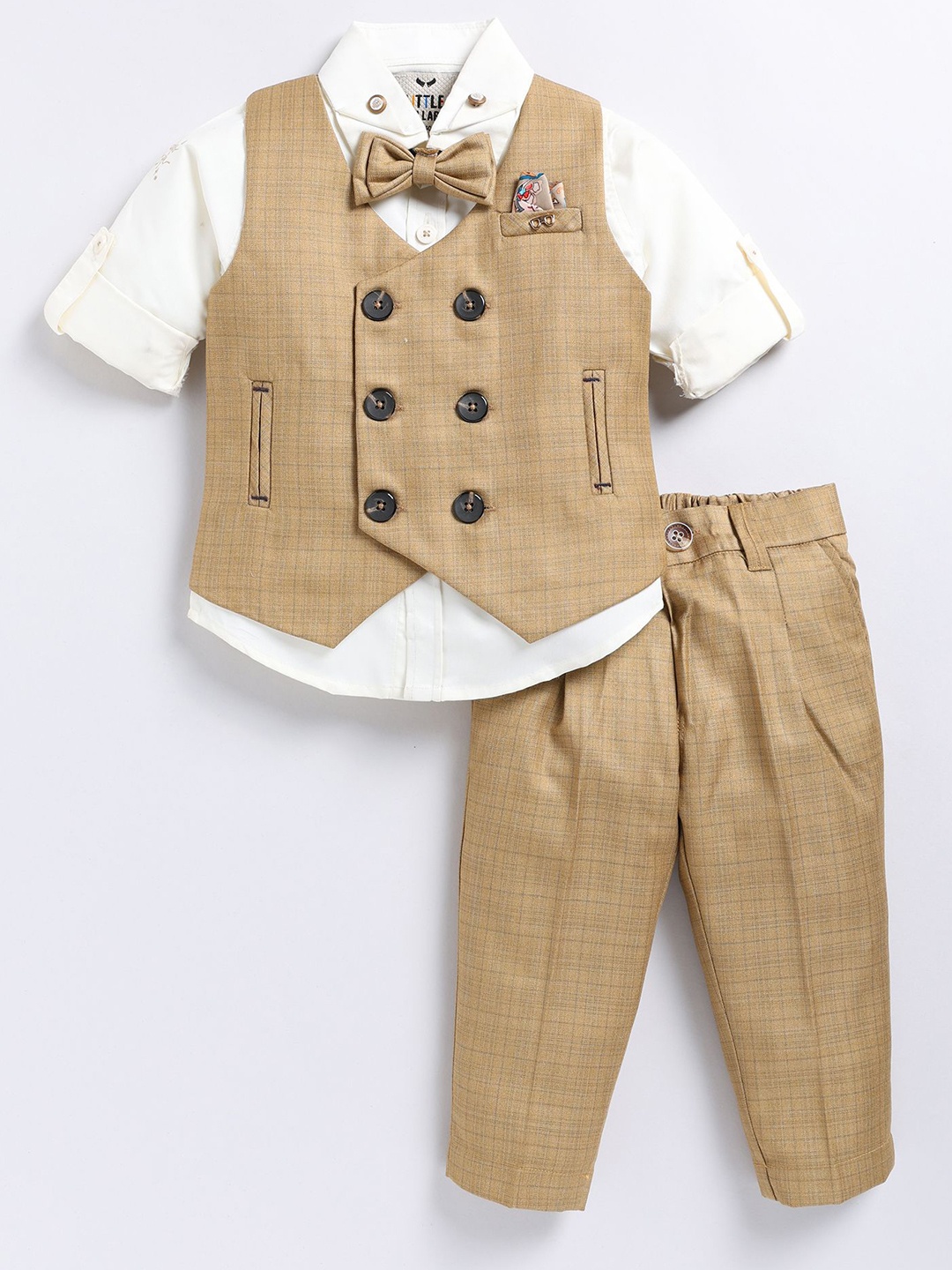 

LITTLE COLLARS Boys Checked Double-Breasted Waistcoat With Trouser & Shirt 3-Pieces Suits, Beige