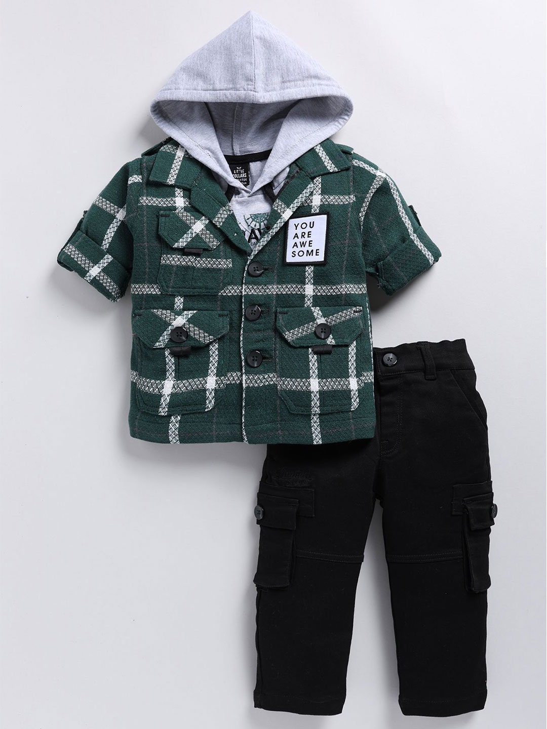 

LITTLE COLLARS Boys Checked Hooded Pure Cotton Shirt With Trousers, Green