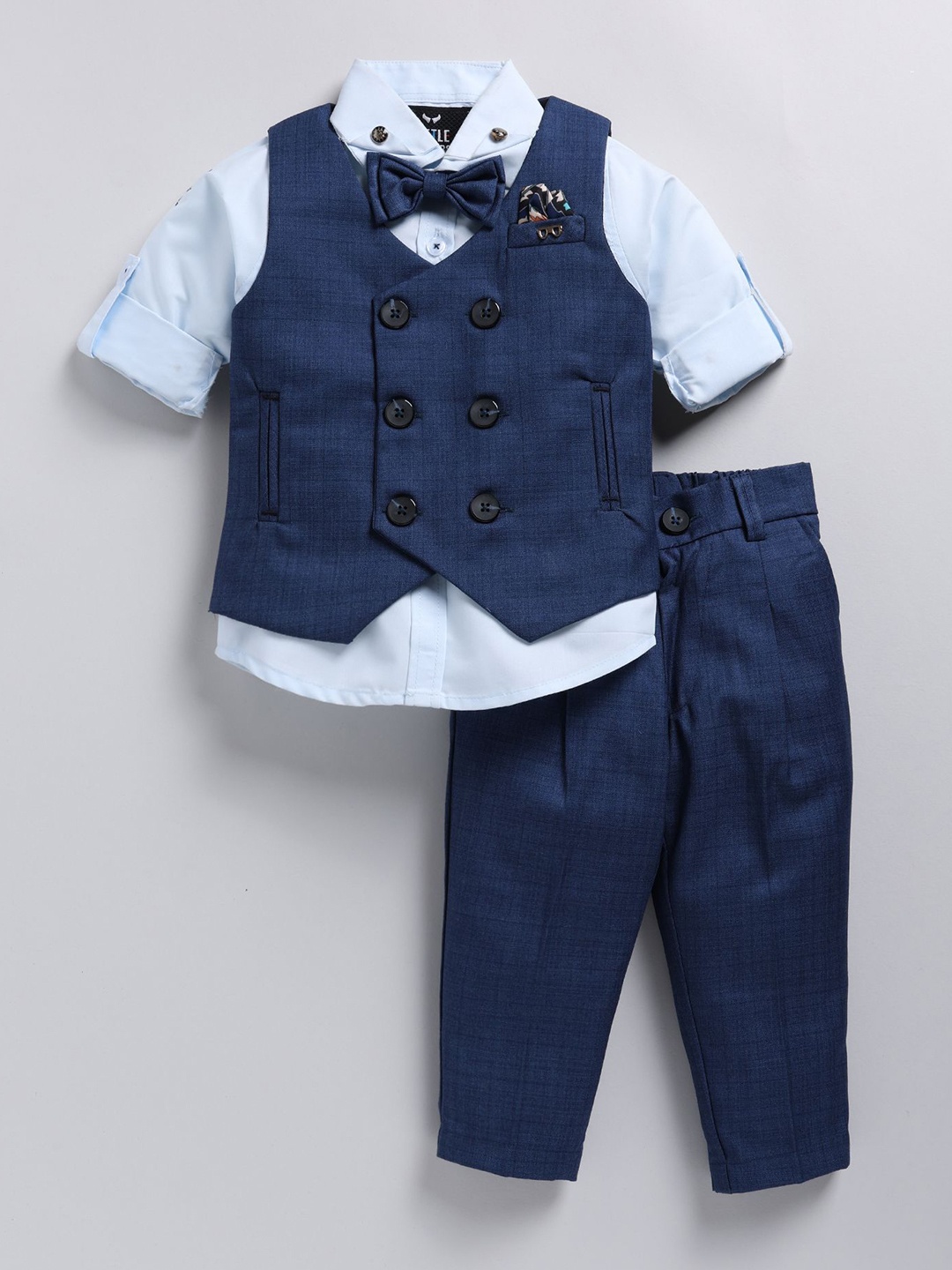 

LITTLE COLLARS Boys Checked Double-Breasted Waistcoat With Trouser & Shirt 3-Pieces Suits, Teal