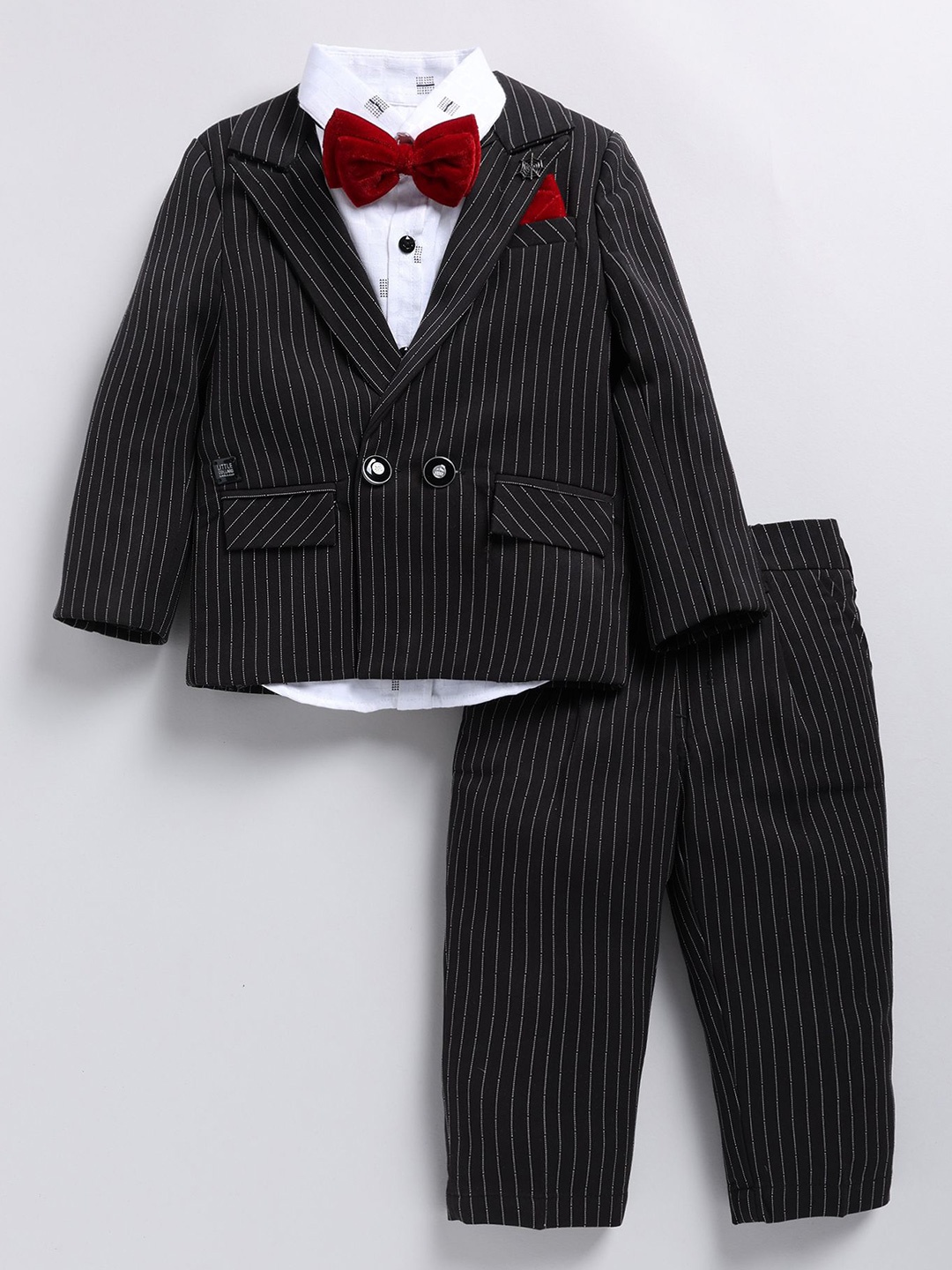 

LITTLE COLLARS Boys Striped Double-Breasted Blazer With Trouser & Shirt 3-Pieces Suits, Black