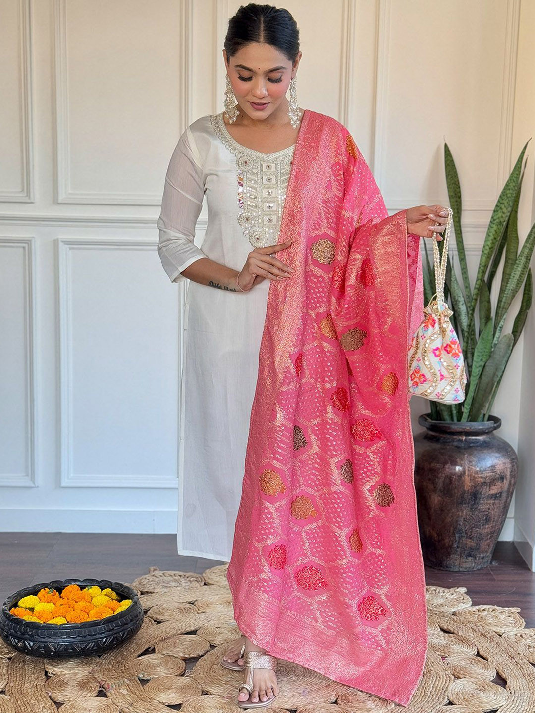 

Lilots Ethnic Motifs Embroidered Sequinned Chanderi Silk Kurta With Trouser And Dupatta, Off white