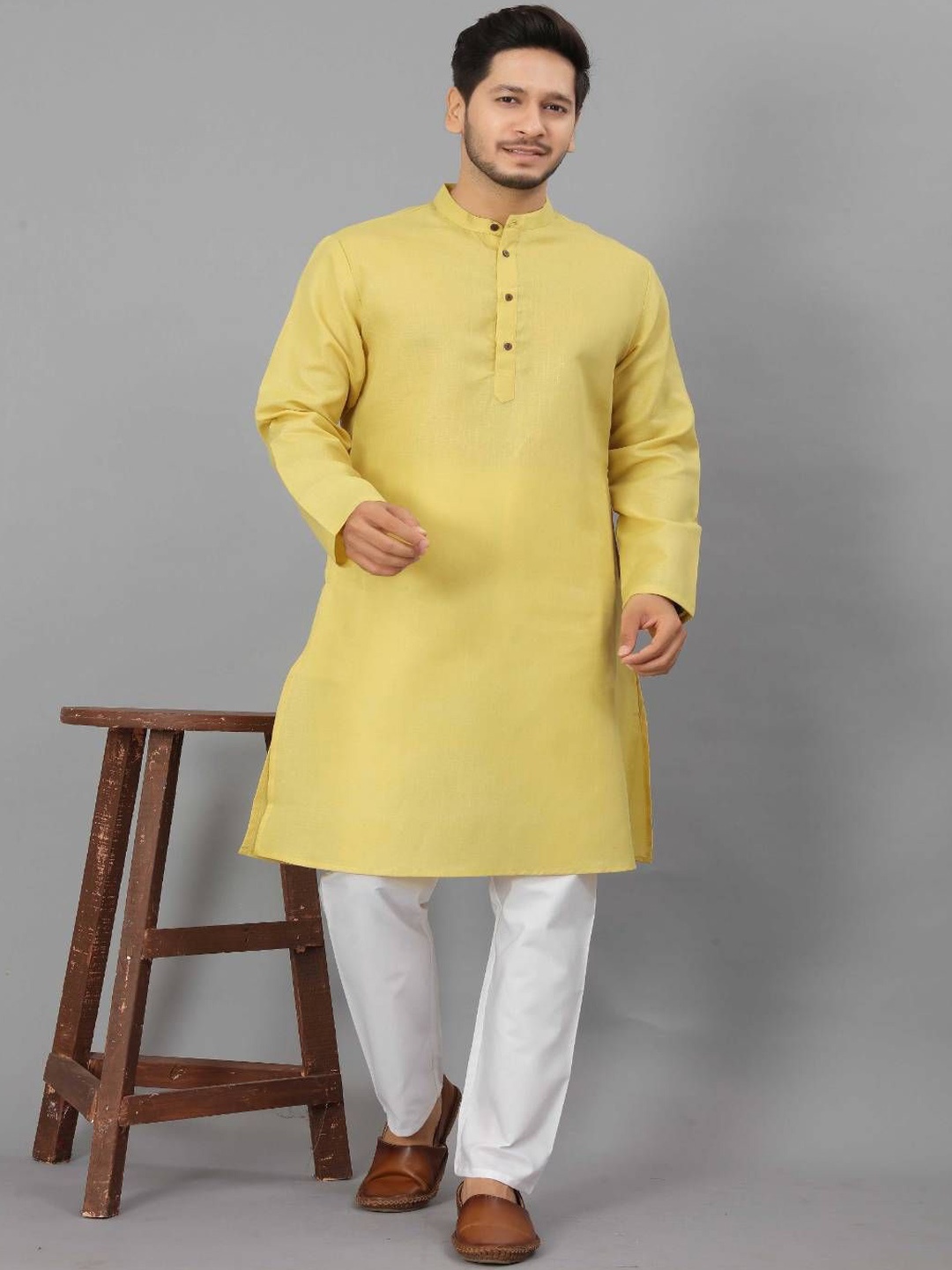 

Odd By Poshaak Band Collar Pure Cotton Straight Kurta With Pyjama, Yellow