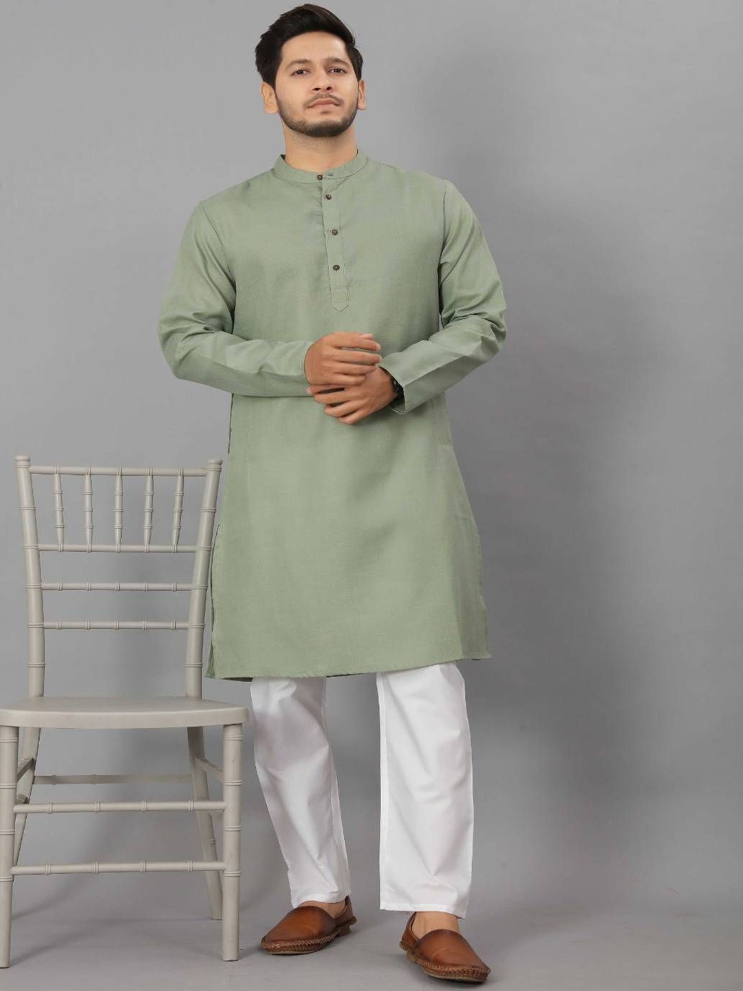 

Odd By Poshaak Band Collar Pure Cotton Straight Kurta With Pyjama, Green