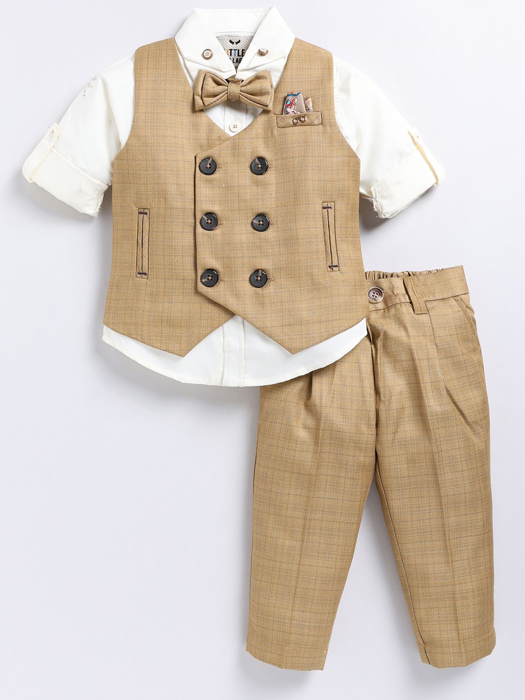 

LITTLE COLLARS Boys Checked Double-Breasted Waistcoat With Trouser & Shirt 3-Pieces Suits, Beige