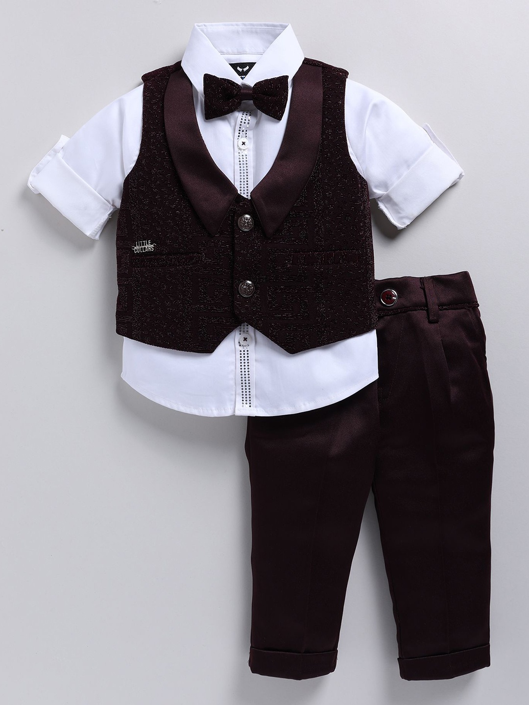 

LITTLE COLLARS Boys Single-Breasted Waistcoat With Trouser & Shirt 3-Pieces Suits, Maroon