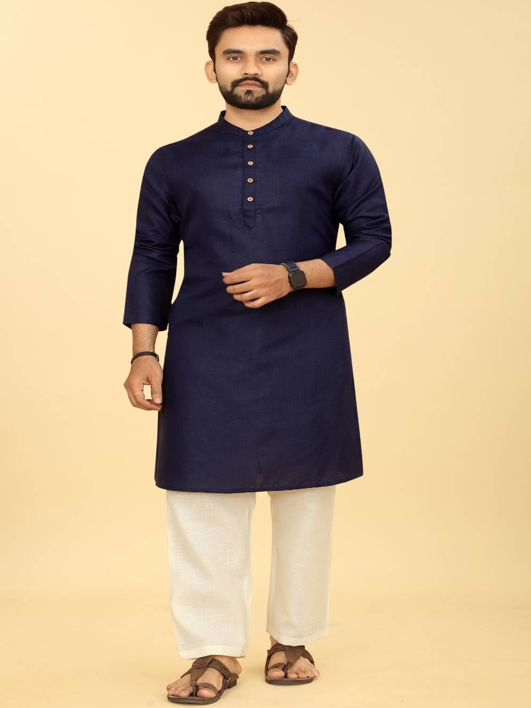 

Odd By Poshaak Band Collar Pure Cotton Straight Kurta With Pyjama, Navy blue