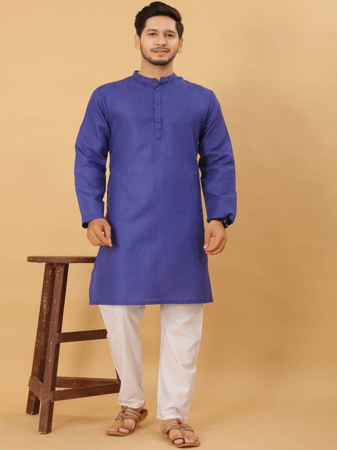 

Odd By Poshaak Band Collar Pure Cotton Straight Kurta With Pyjama, Blue