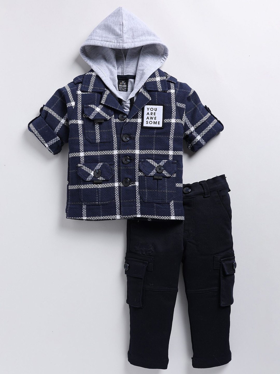 

LITTLE COLLARS Boys Checked Hooded Pure Cotton Shirt With Trousers, Blue