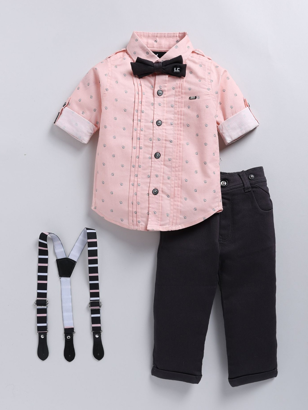 

LITTLE COLLARS Boys Printed Pure Cotton Shirt With Trousers And Suspender, Peach