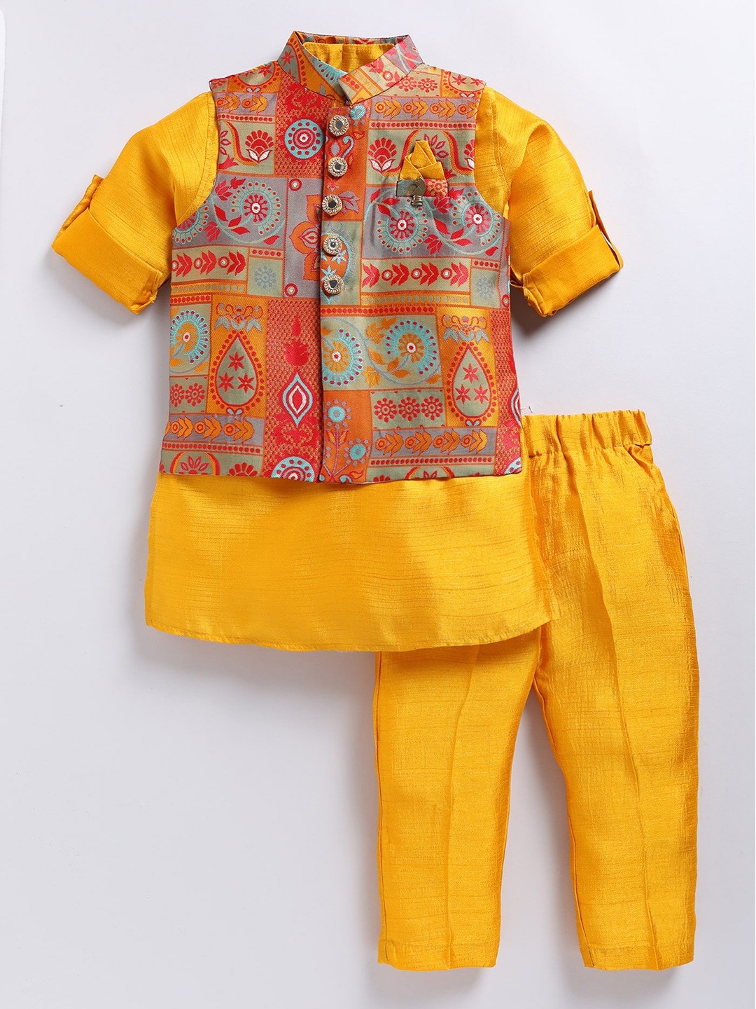 

LITTLE COLLARS Boys Mandarin Collar Straight Kurta With Trouser And Waistcoat, Mustard