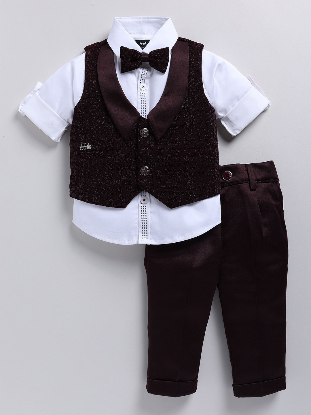 

LITTLE COLLARS Boys Single -Breasted Waistcoat With Trouser And Shirt 3-Pieces Suits, Maroon