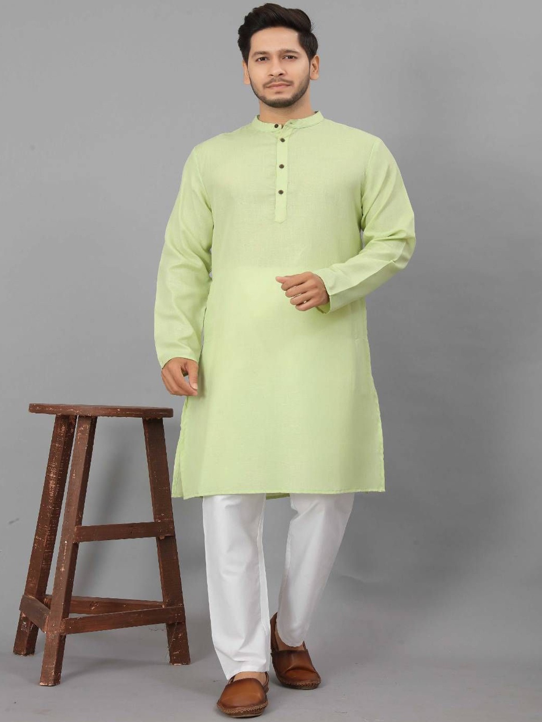 

Odd By Poshaak Band Collar Pure Cotton Straight Kurta With Pyjama, Green