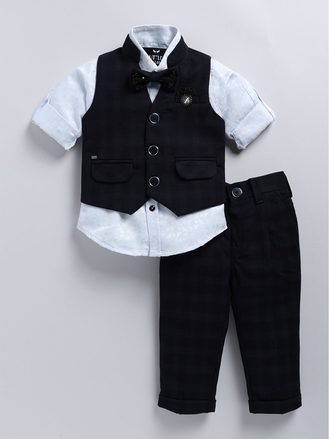 

LITTLE COLLARS Boys Checked Single-Breasted Waistcoat With Trouser & Shirt 3-Pieces Suits, Blue