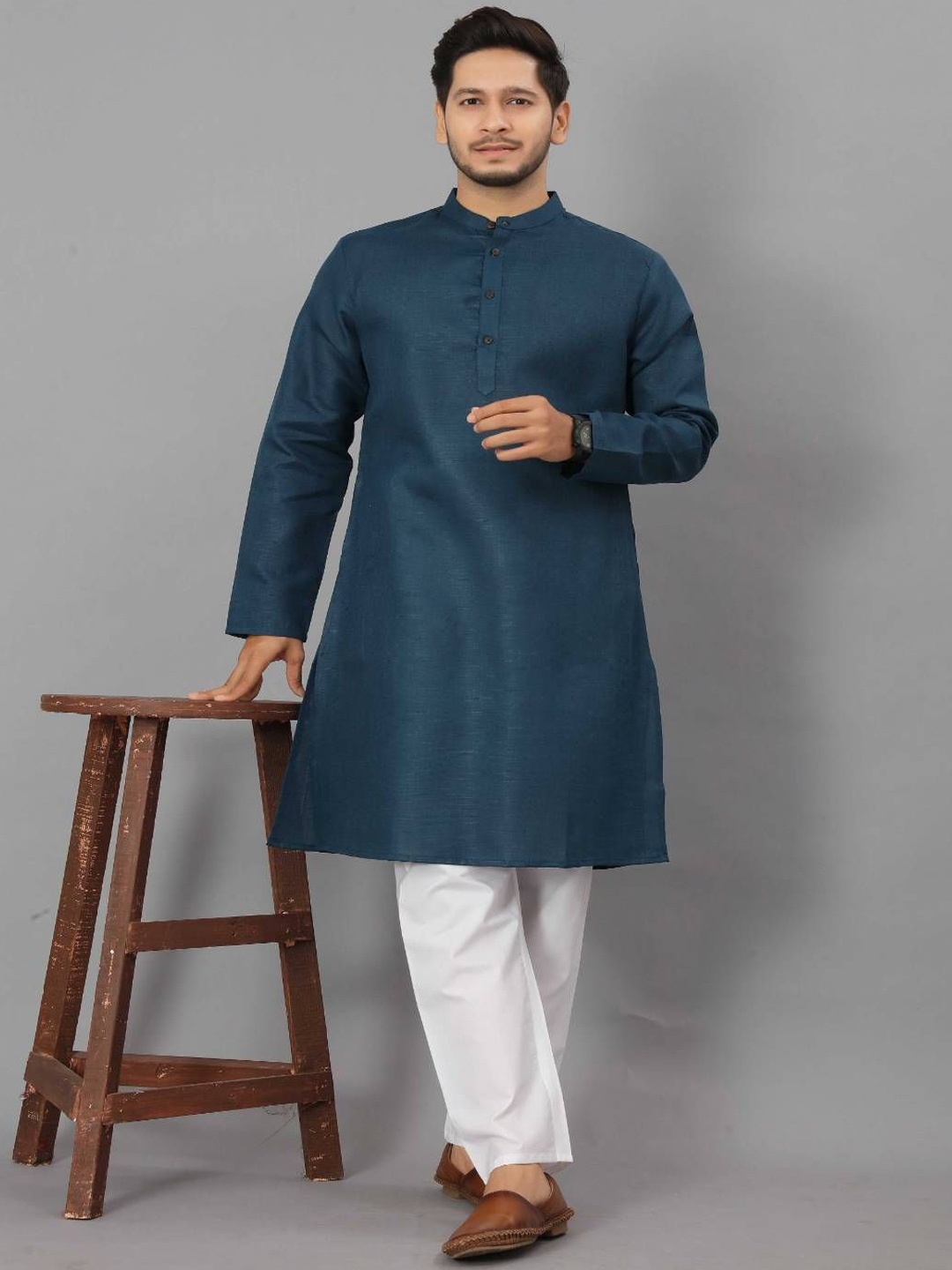 

Odd By Poshaak Band Collar Pure Cotton Straight Kurta With Pyjama, Teal