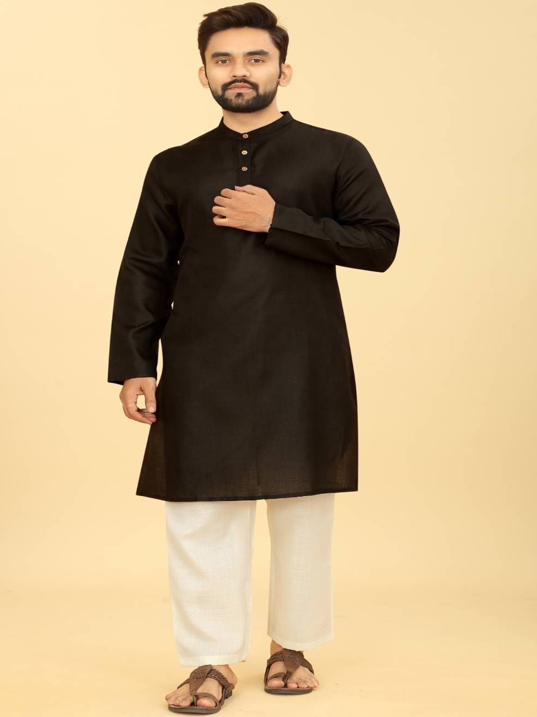 

Odd By Poshaak Band Collar Pure Cotton Straight Kurta With Pyjama, Black