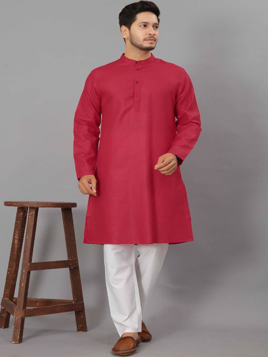 

Odd By Poshaak Band Collar Pure Cotton Straight Kurta With Pyjama, Red