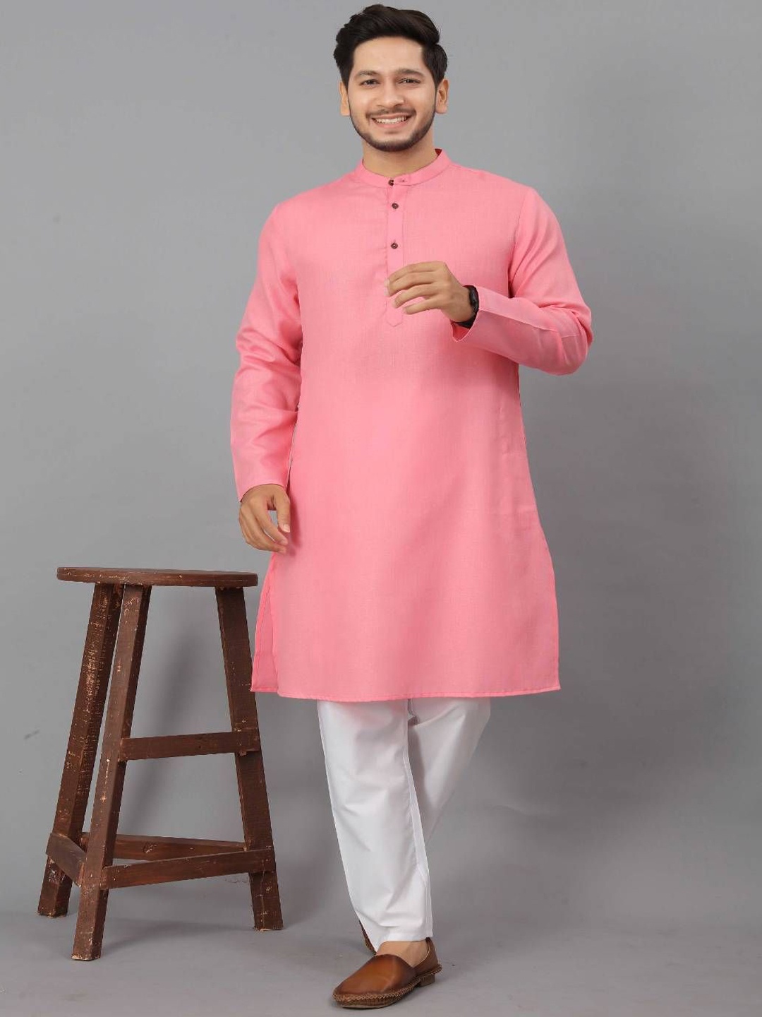 

Odd By Poshaak Band Collar Pure Cotton Straight Kurta With Pyjama, Pink